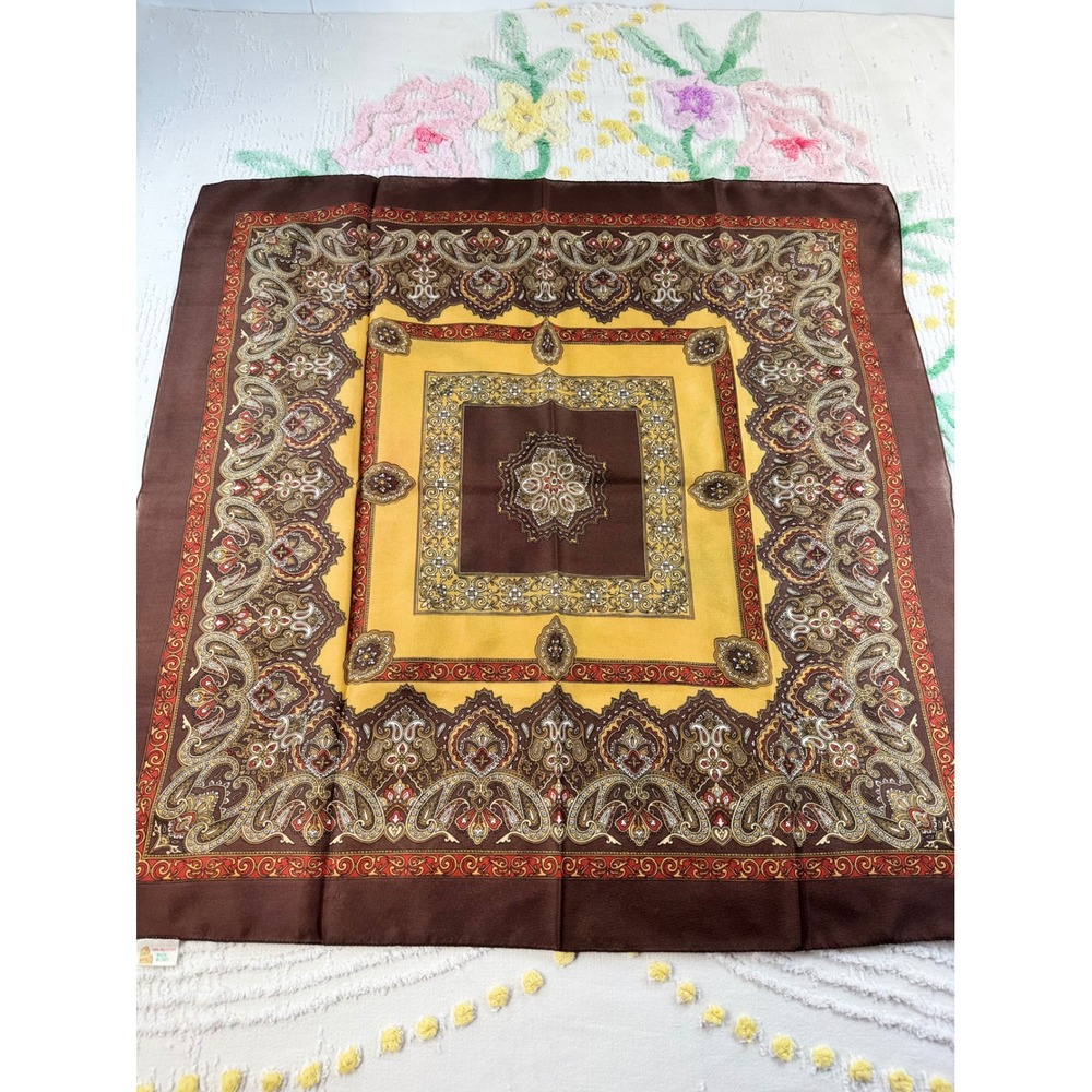 Vintage Made in Italy Paisley Medallion Square Scarf Brown Yellow Red 31x31‎